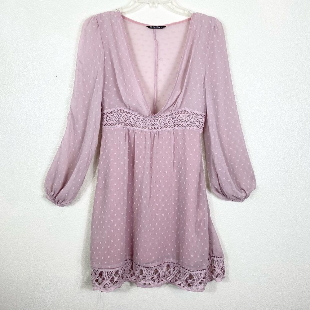 Shein Mauve Swiss Dot Lace Puff Long Sleeve Deep V Neck Dress